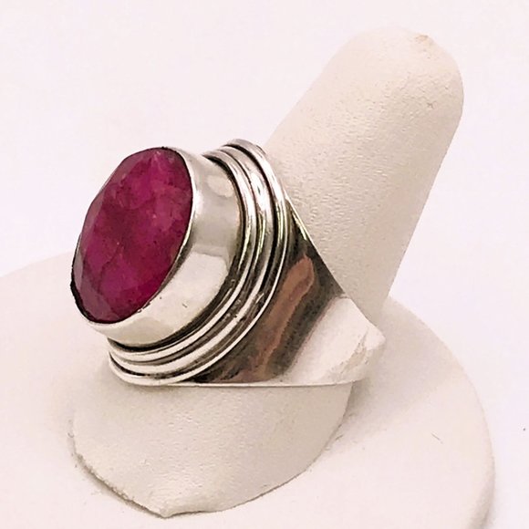 Raw Ruby Sterling Silver Ring .925 Faceted Size 8 July Birthstone Saddle Style - Picture 1 of 7